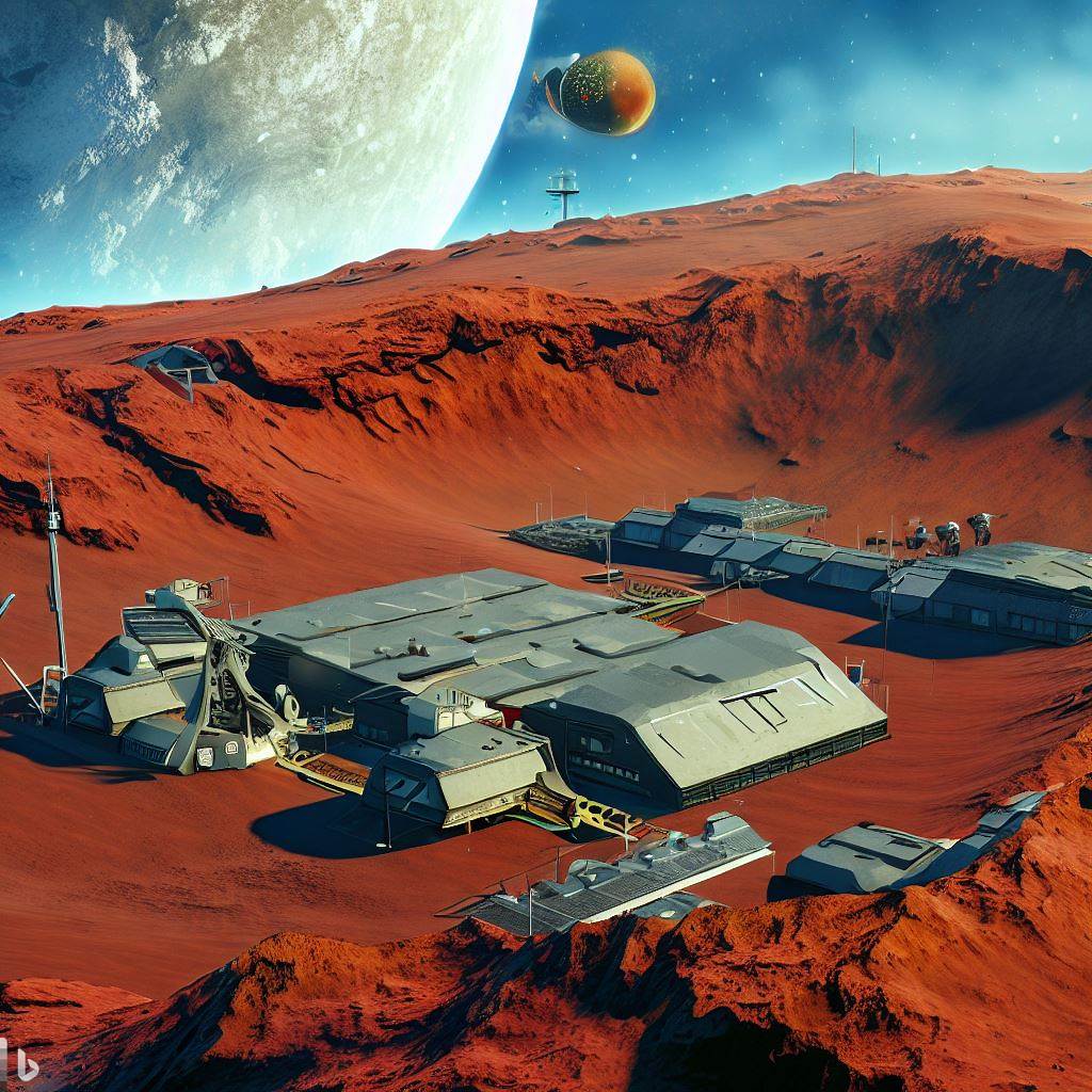 Realistic picture of a space mineral mine on a red asteroid near Earth. Nearby, there are residential barracks, warehouses, workshops, and a landing pad with a spaceship. The scenery resembles the 2021 film Dune. ChatGPT i DALL-E