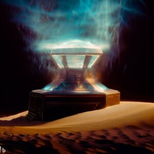High quality realistic photo, of a holographic projector that has the ability to create three-dimensional images in the air. The projector displays a three-dimensional image it is an Arrakis Fremen from the movie Dune 2021.