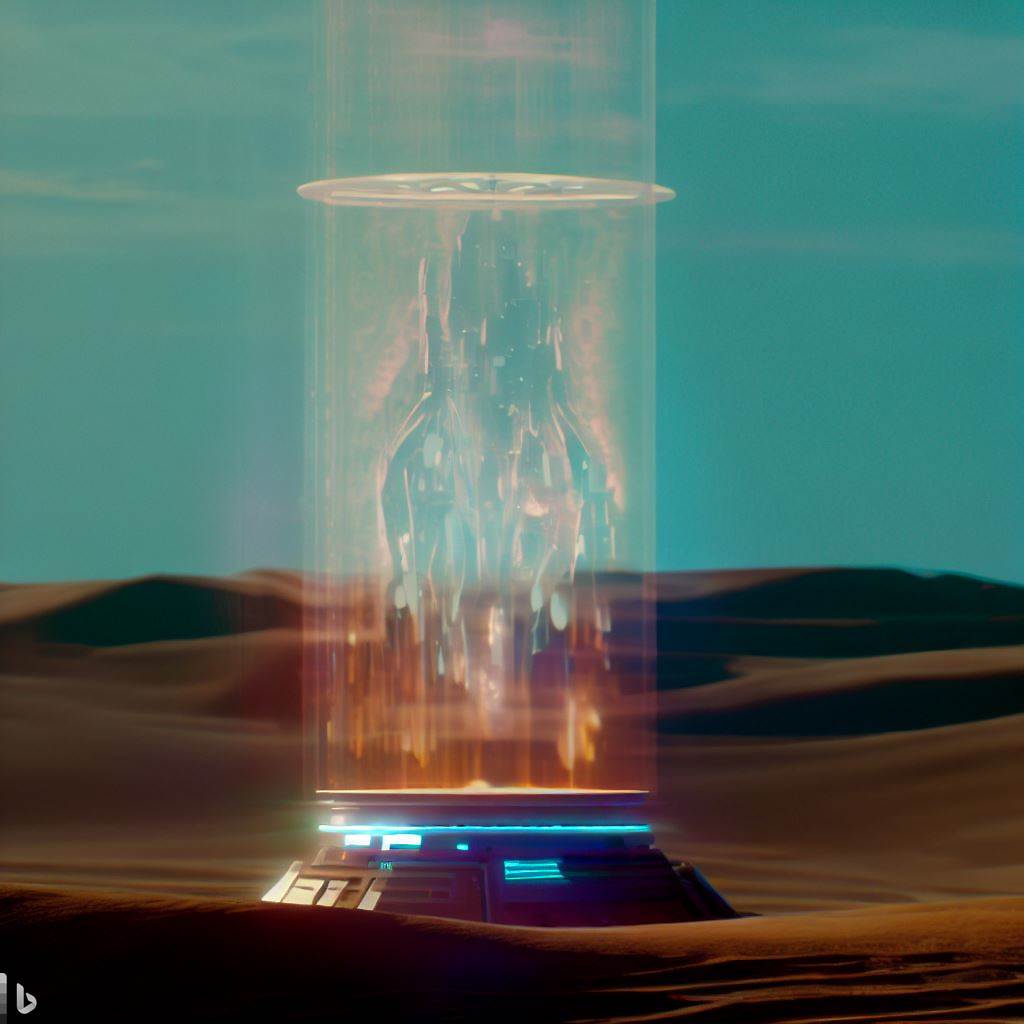 High quality scene from a science fiction movie, of a holographic projector that has the ability to create three-dimensional images in the air. The projector displays a three-dimensional image it is an Arrakis Fremen from the movie Dune 2021. ChatGPT i DALL-E