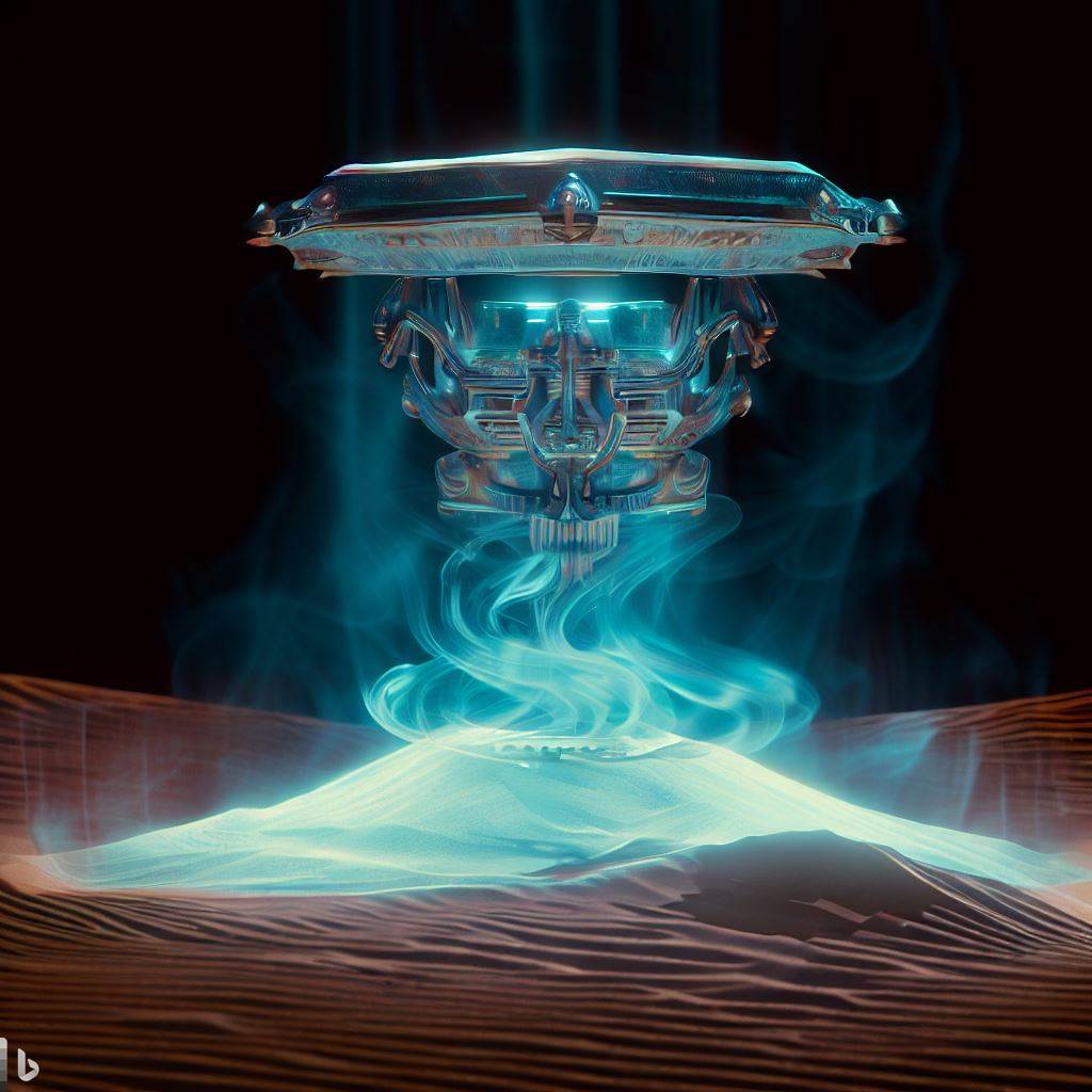 High quality realistic photo, of a holographic projector that has the ability to create three-dimensional images in the air. The projector displays a three-dimensional image it is an Arrakis Fremen from the movie Dune 2021. ChatGPT i DALL-E